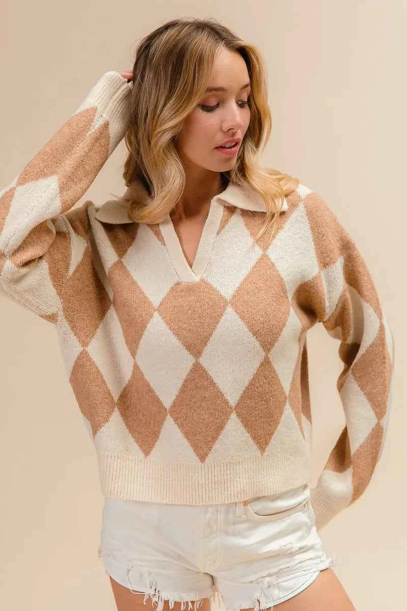 BiBi Diamond Pattern Collared Notch Neck Sweater 06f3325928cb44c180063d0ee3518f0c-Max-Origin