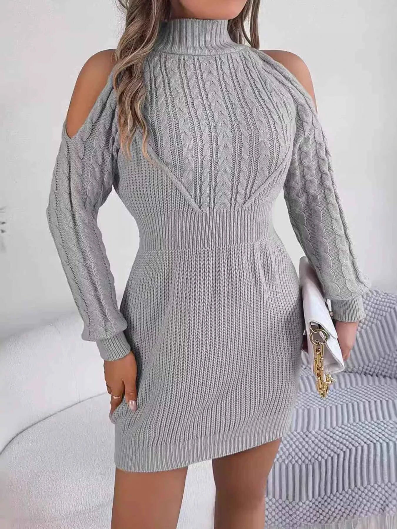 Cold Shoulder Cable Knit Turtleneck Sweater Dress 06f573a66ec643d6801927f6718e8dcc-Max-Origin