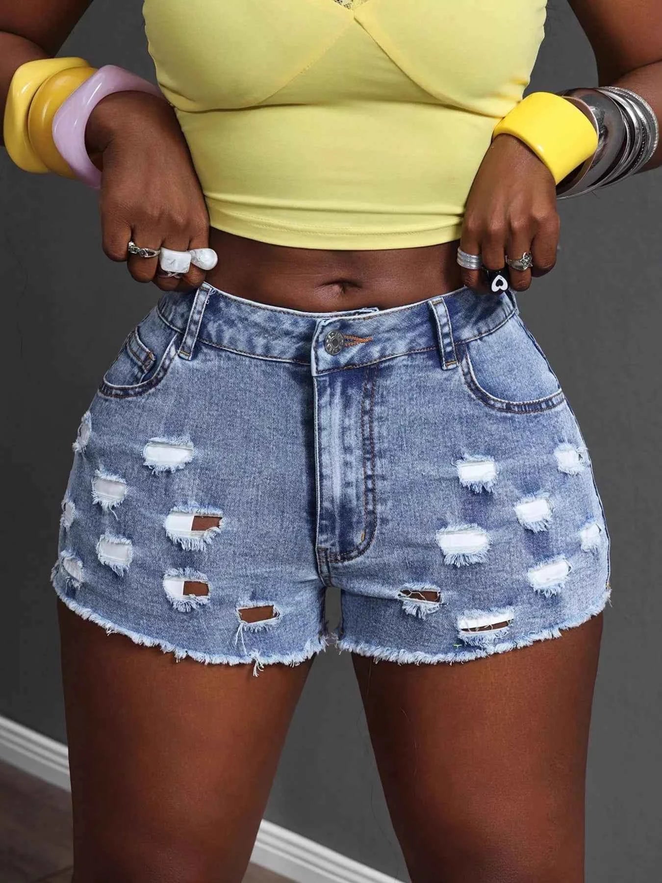 Distressed Denim Shorts with Pockets