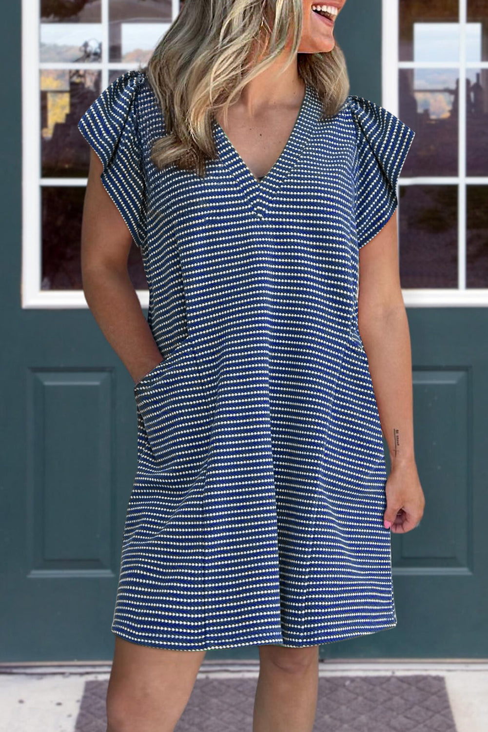 Blue Stripe Textured Knit V Neck Flutter Sleeve Shift Mini Dress 0701ec73da09b0a1