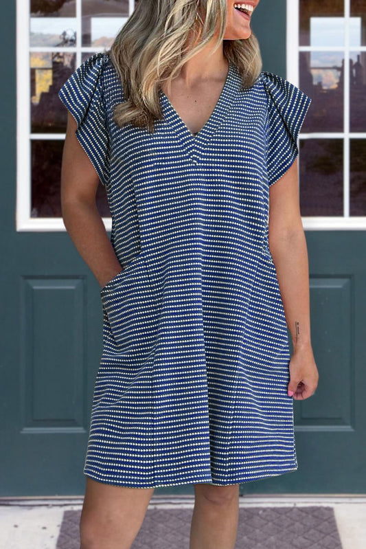 Blue Stripe Textured Knit V Neck Flutter Sleeve Shift Mini Dress 0701ec73da09b0a1