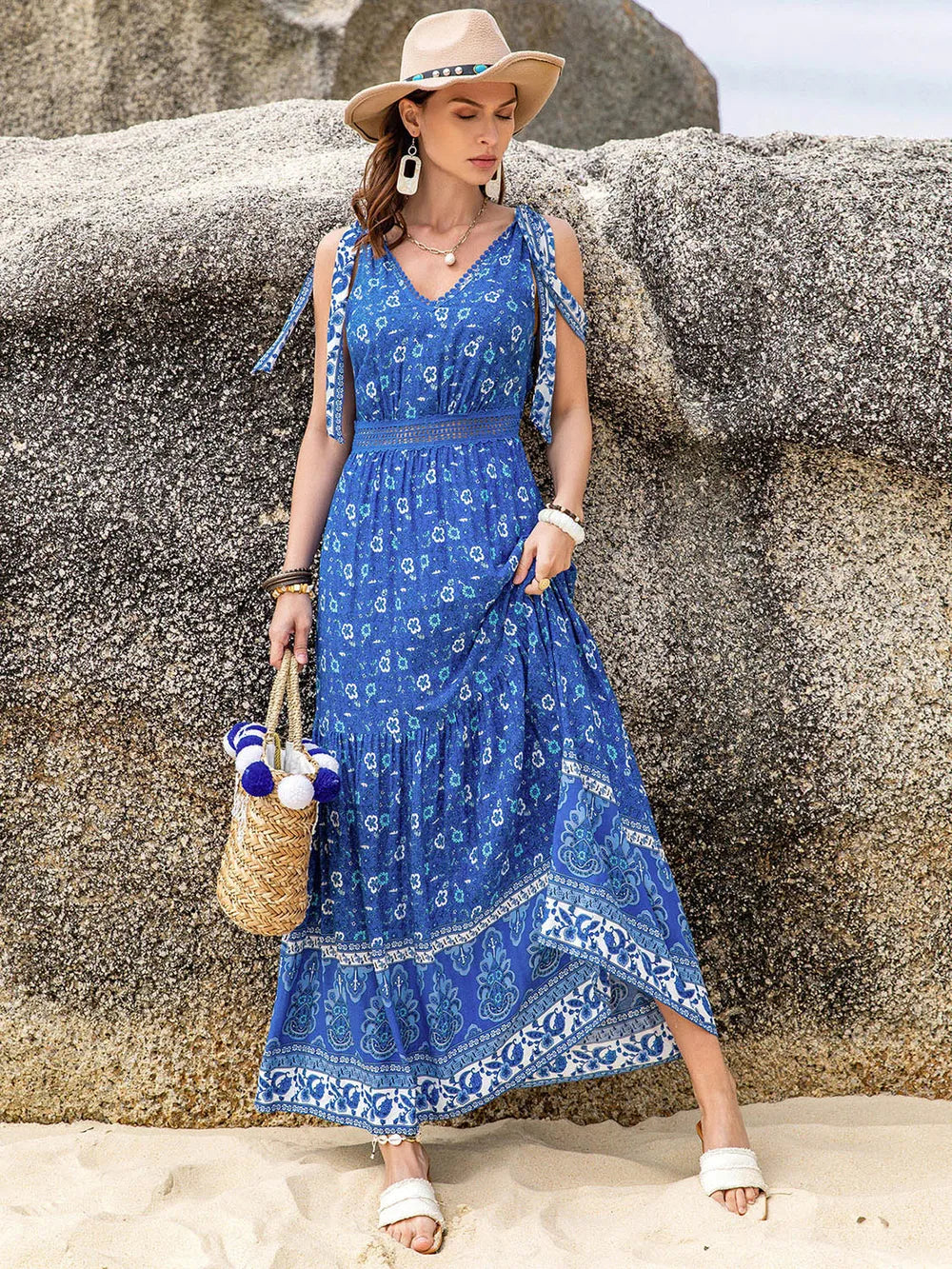 Printed V-Neck Tie Shoulder Dress 0702950f-b7b7-4c82-8821-366f9e56d036-Max