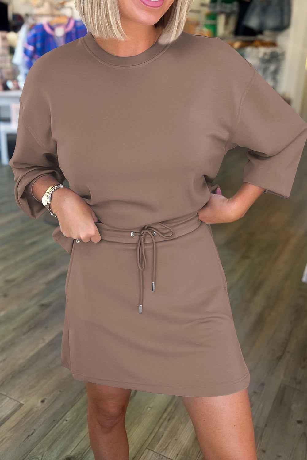 Coffee Solid Color Drop Shoulder Pullover Drawstring Mini Skirt Set 07063cf7ed5f5e64
