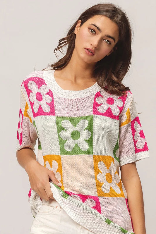 BiBi Flower Checker Pattern Lightweight Sweater Top IVRY FUCH OLIVE MUST 0706e308a2644abdbe0a0e67d1e20f12-Max-Origin