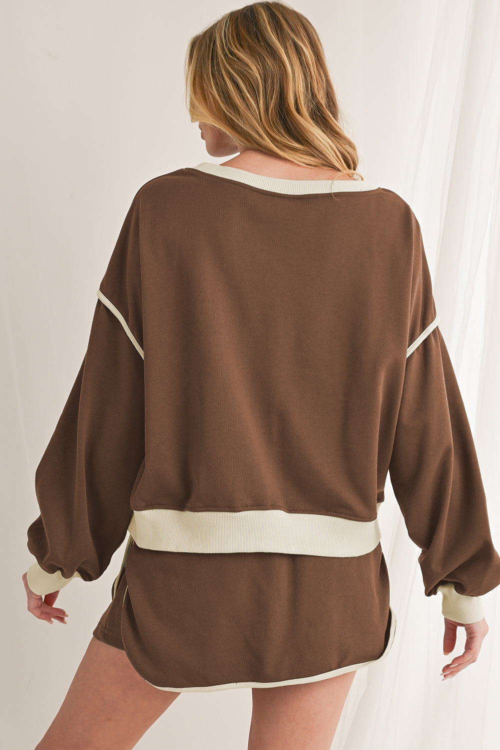 Coffee Contrast Trim Loose Pullover and Lace-up Waist Skort Set 070a914da60a8dbc