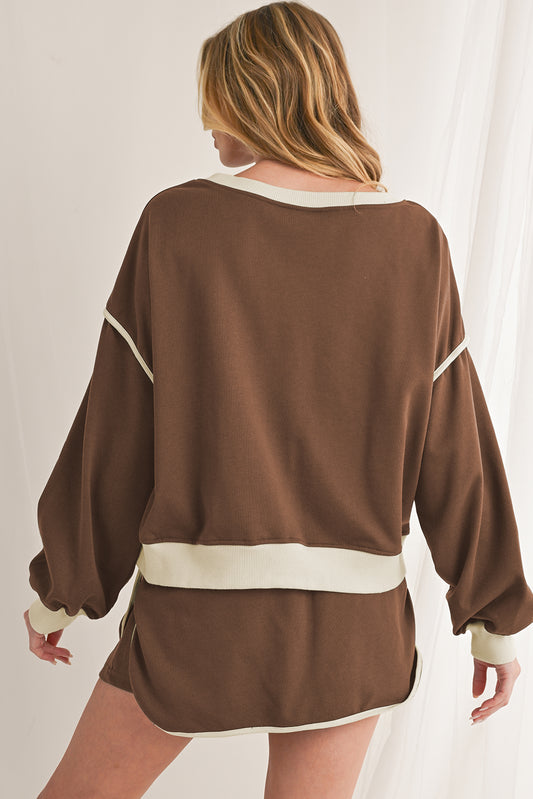 Coffee Contrast Trim Loose Pullover and Lace-up Waist Skort Set 070a914da60a8dbc