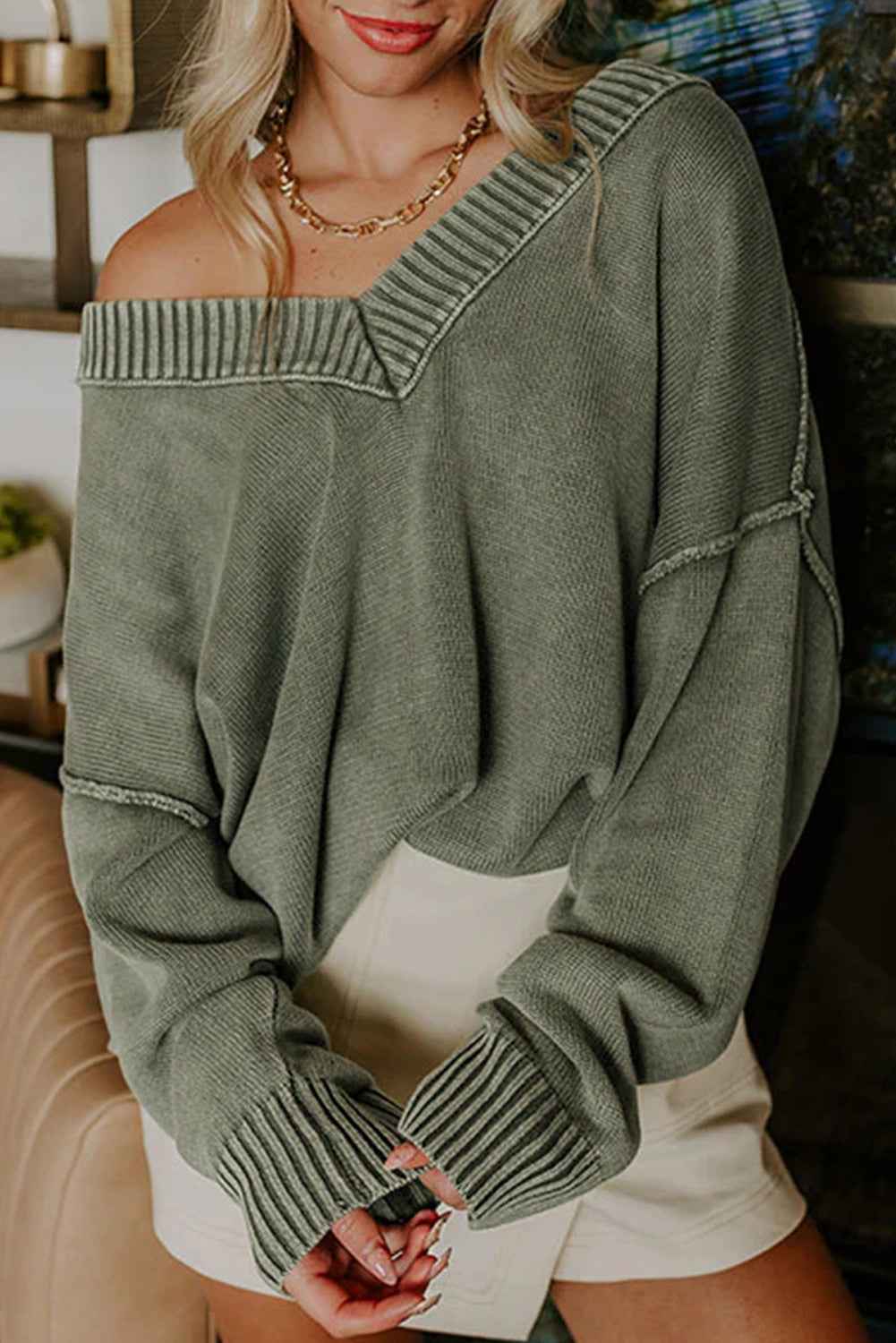 Black Mineral Wash V Neck Knit Exposed Seam Drop Shoulder Loose Sweater Four Leaf Clover 100%Cotton 070acc88ac97008f
