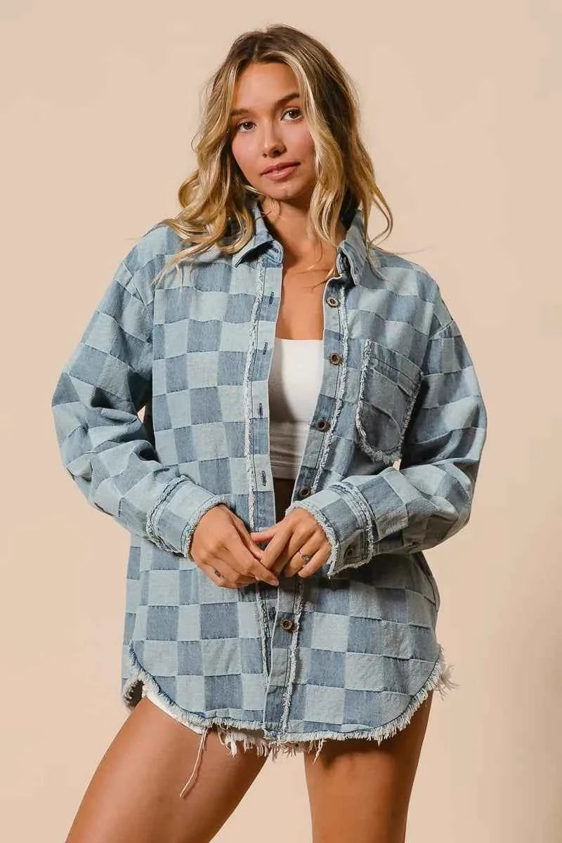 BiBi Frayed Edged Detail Washed Checker Denim Shirt 070fd4af61d941d6922034b580253796-Max-Origin