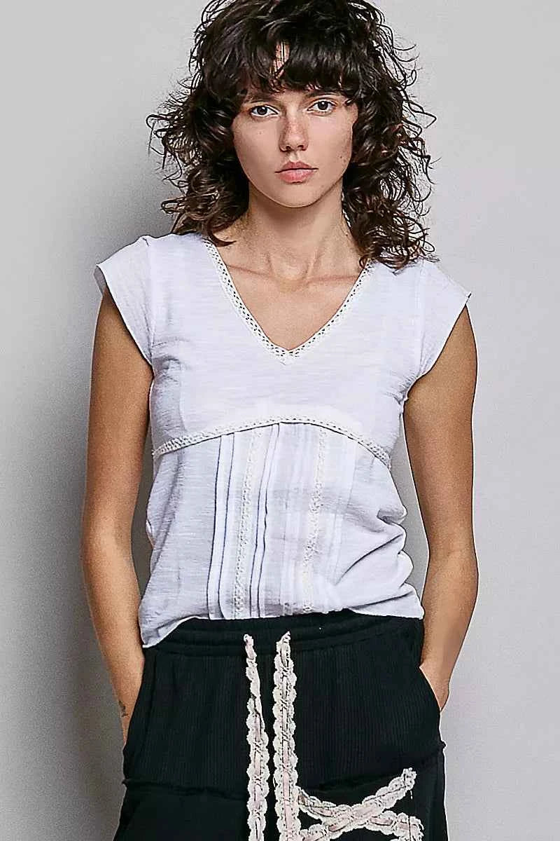 POL V-Neck Lightweight Textured Short Sleeve Knit Top with Lace Trim 07145c0a-d352-44e8-b222-9f8fa60a75ad-Max-Origin