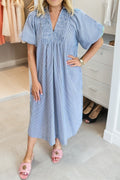 Sky Blue Stripe Shirred Detail Collar V Neck Plus Size Midi Dress Sky Blue Stripe 65%Polyester+35%Cotton 07168274339cdd03