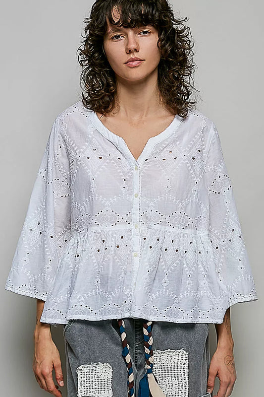 Eyelet Embroidery Peplum Button Front Cotton Shirt OFF WHITE 07171016-7a4d-4b10-b57e-8d36ab684fac-Max-Origin