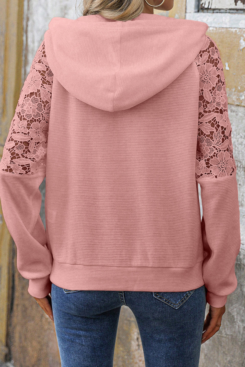 Gossamer Pink Lace Patchwork Raglan Sleeve Kangaroo Pocket Waffle Hoodie 0719c7933f0a3e89