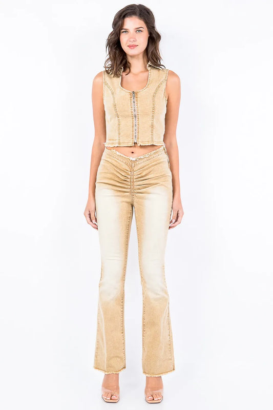 V-Cut Ruched Mid Flare Pants with Raw Hem - Cotton Blend 071a349d-c1d3-4c66-92d1-d4dc07b707d2-Max