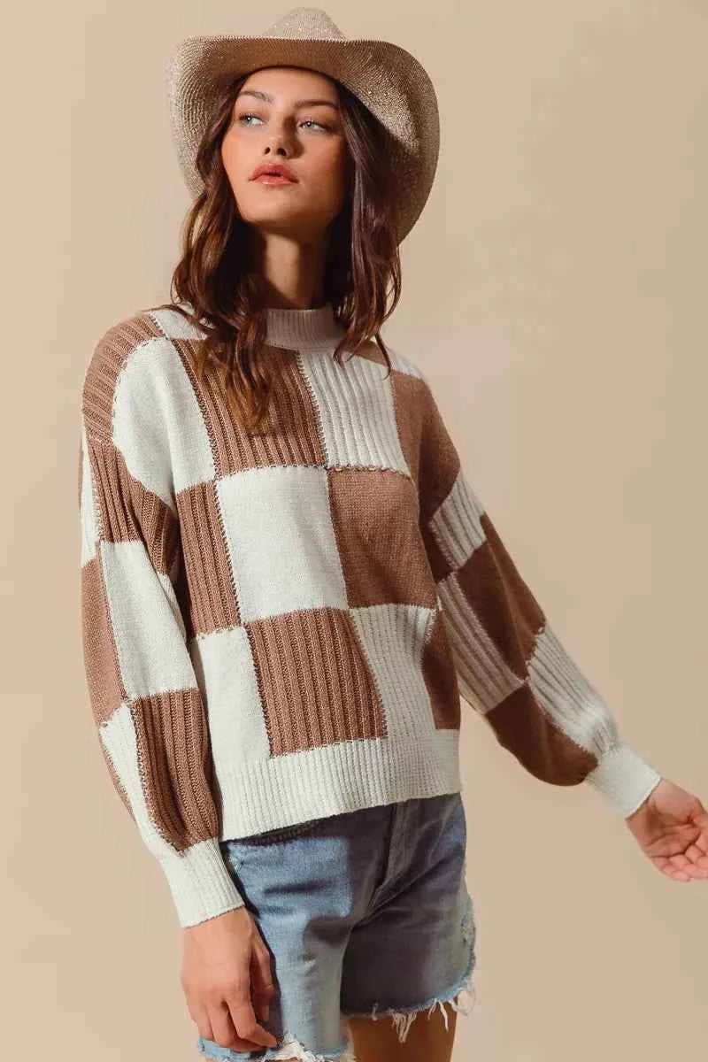 SO ME Ribbed Color Block Checkered Plaid Sweater 071b079ed1524152a8aa0e620c1f6223-Max-Origin