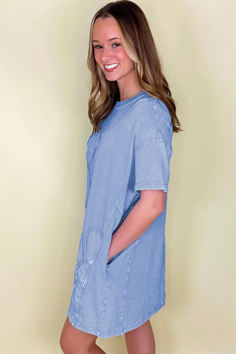 Sky Blue Mineral Wash Flower Patchwork Mini T Shirt Dress 071b0bd6950f23f2