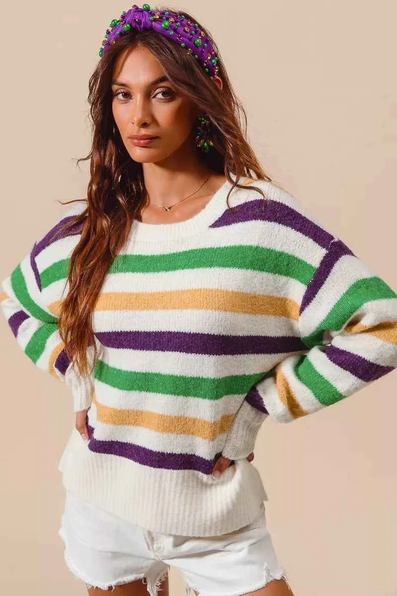 SO ME Mardi Gras Color Stripe Round Neck Sweater Top 071bd3ceddf546dfa88675710861136b-Max-Origin