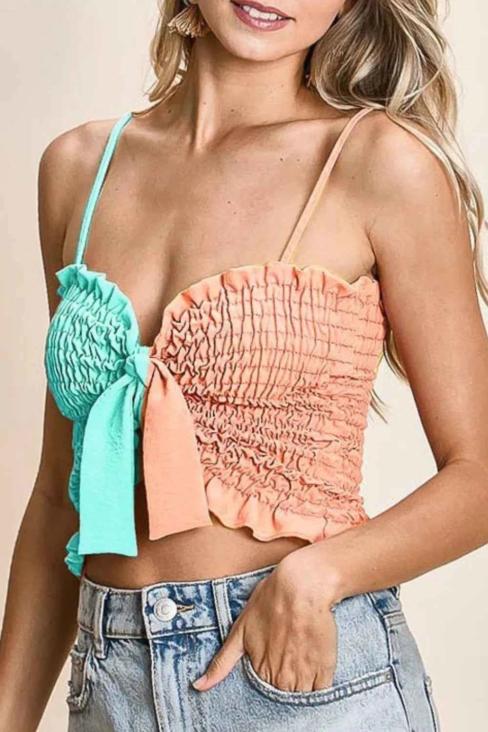 BiBi Woven Color Block Smocked with Ribbon Bra Top MINIT PEACH 071f14ab-9f36-4b5f-a1cb-e0b2217dad4a-Max-Origin