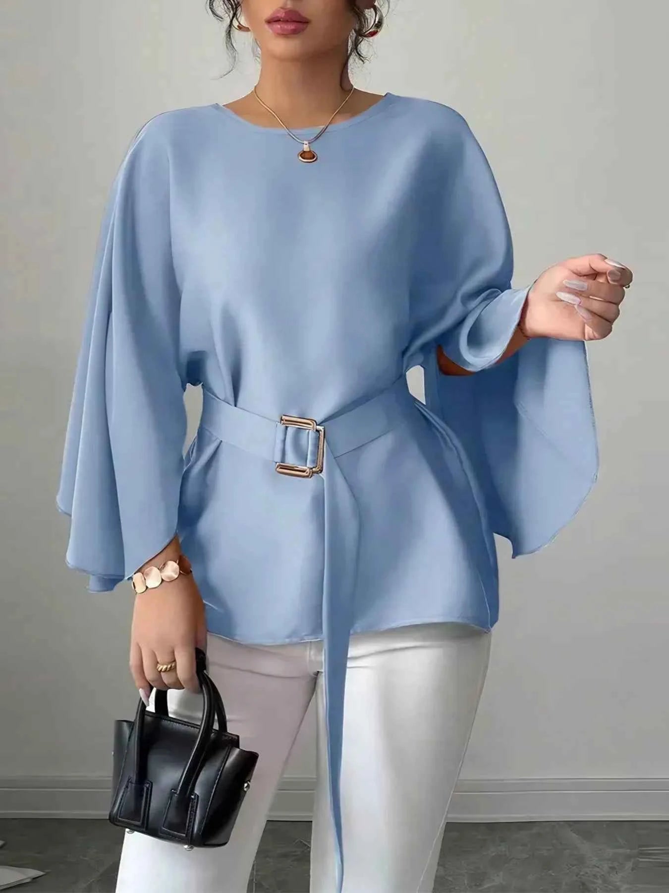 Belted Round Neck Flutter Sleeves Blouse 07259eac-b1b2-429b-9670-c25e78ef7a89-Max-Origin