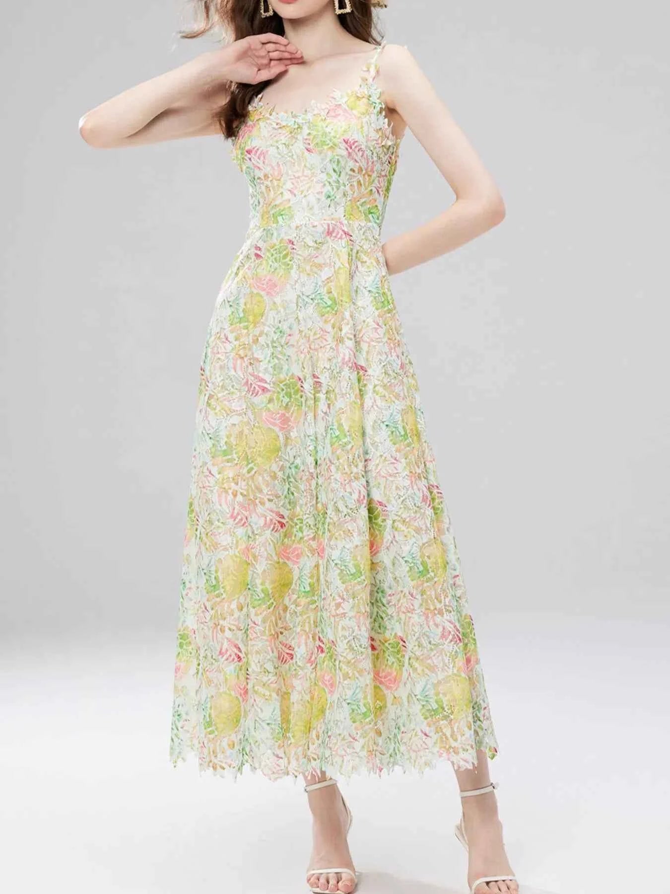 Floral Lace Sleeveless V-Neck Midi Dress