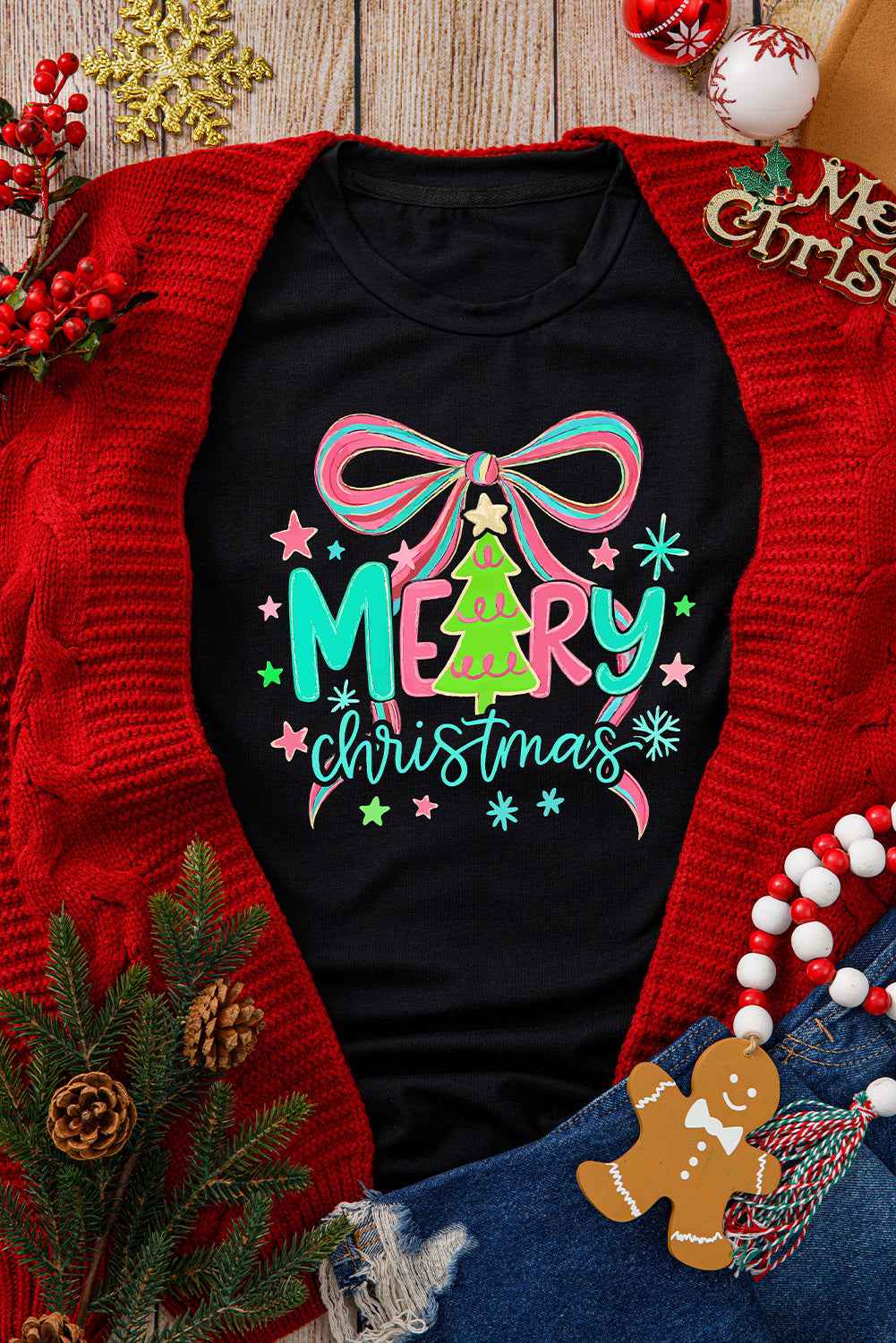 Black MERRY Christmas Vibrant Bow Heat Transfer Printing T Shirt 072be00b7a22e11e