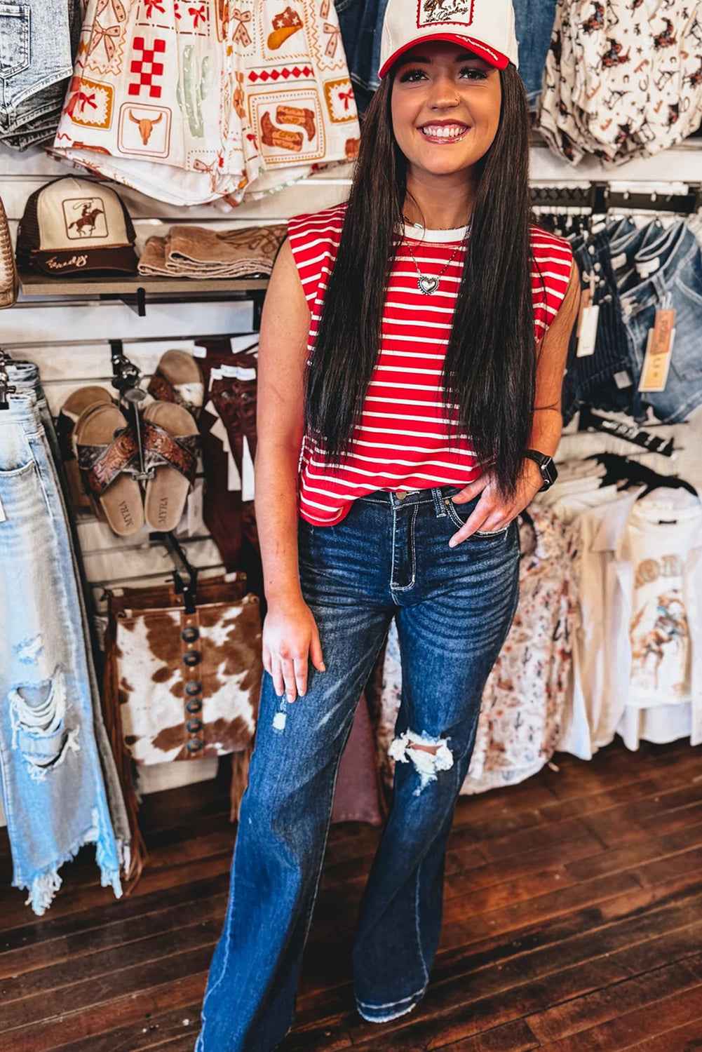 Red Stripe Ribbed Round Neck Trim Loose Tank Top 0731d3cc7f709ab0