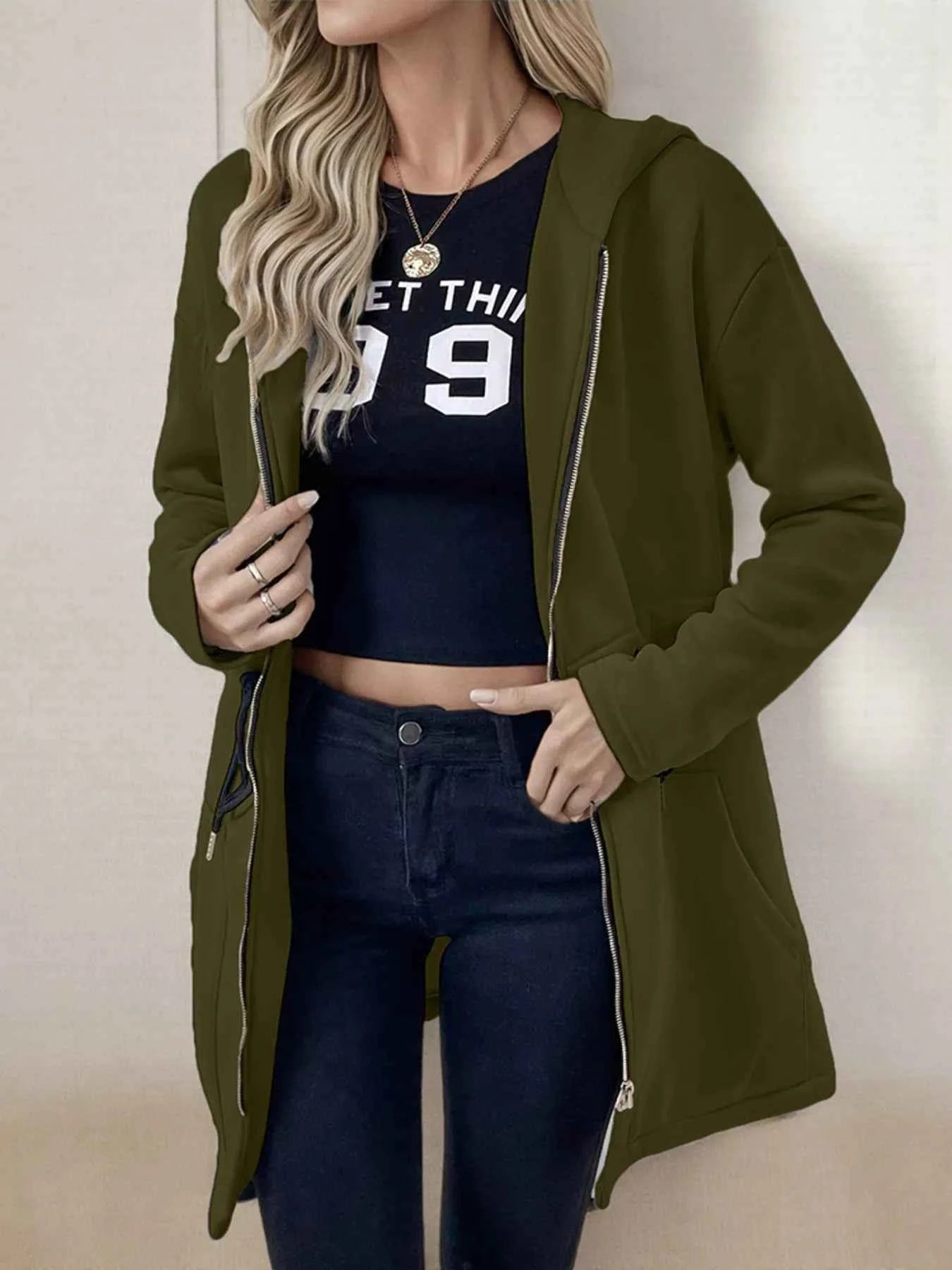 Drawstring Zip Up Hooded Outerwear Army Green 073415b1d7934ea98670e82494a145b9-Max-Origin