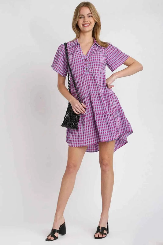 Full Size Gingham Tiered Button Detail Short Sleeve Dress Plus Size 0737e950-6697-4d92-9840-dc8348718b2d-Max