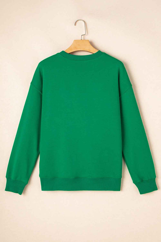 Dark Green Sequin merry Letter Patch Application Drop Shoulder Baggy Sweatshirt Dark Green 50%Polyester+50%Cotton 073ad41578b622c9