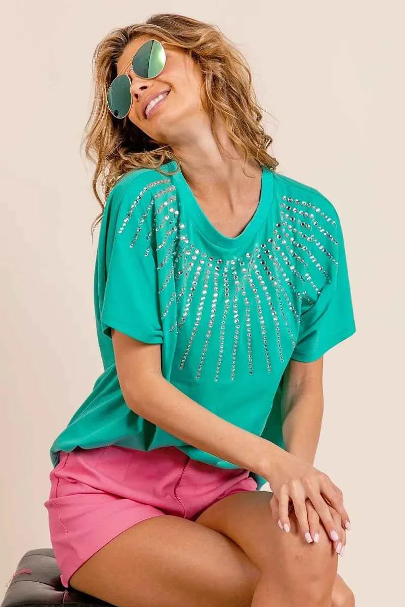 BiBi Rhinestone Beaded Short Sleeve Top 073ad71559f8402e93526bc5eb5c4d4a-Max-Origin