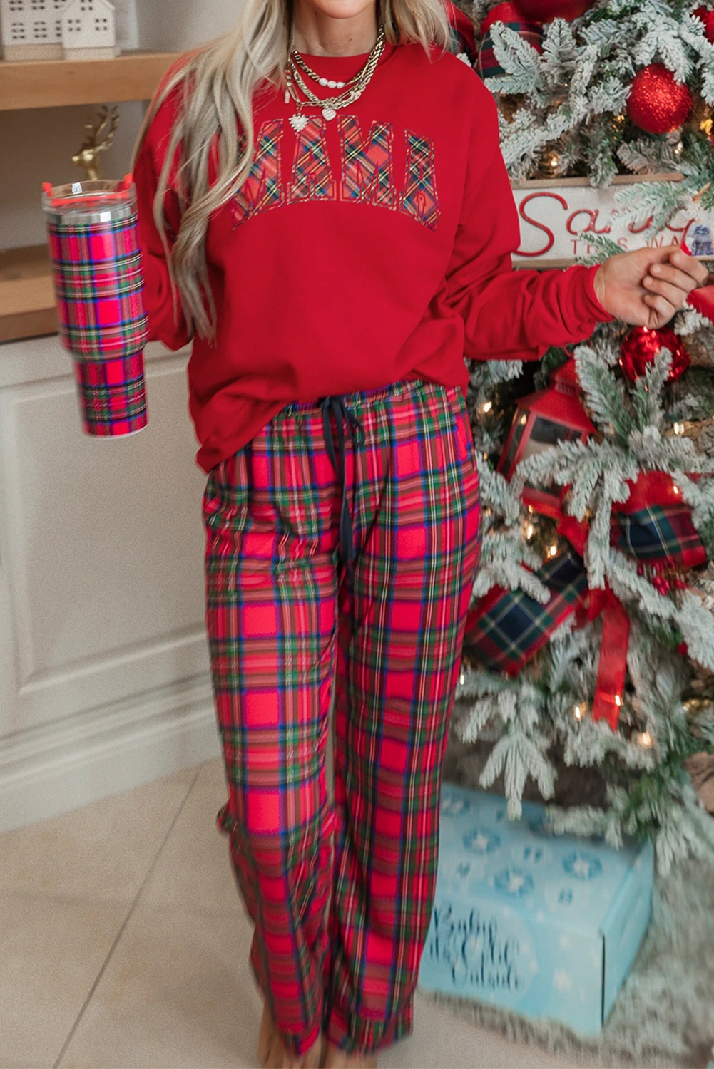 Red Plaid MAMA Graphic Christmas Holiday Crewneck Pullover and Pants Lounge Set