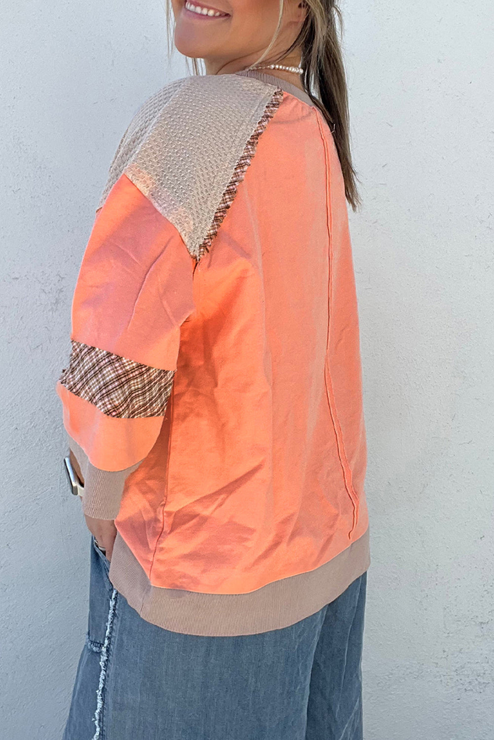 Grapefruit Orange Plaid Waffle Flower Patchwork Bracelet Sleeve Top 073e37015dd71913