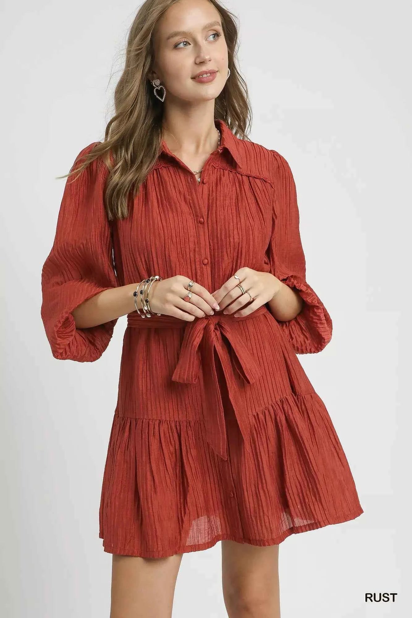 Umgee Crinkle Button-Front Tiered Mini Dress with Waist Tie RUST 074137b4-cb1f-4220-9a03-e147e1f02f27-Max-Origin