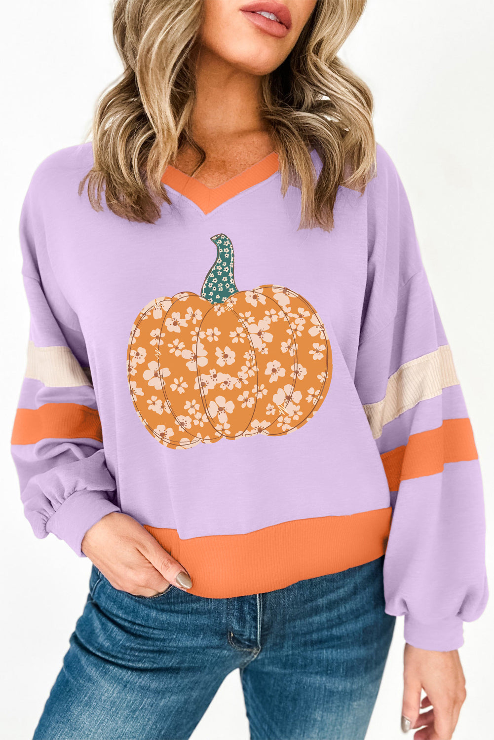 Orchid Bouquet Floral Pumpkin Graphic Color Block Sleeve Sweatshirt 0742486b8116a4a2