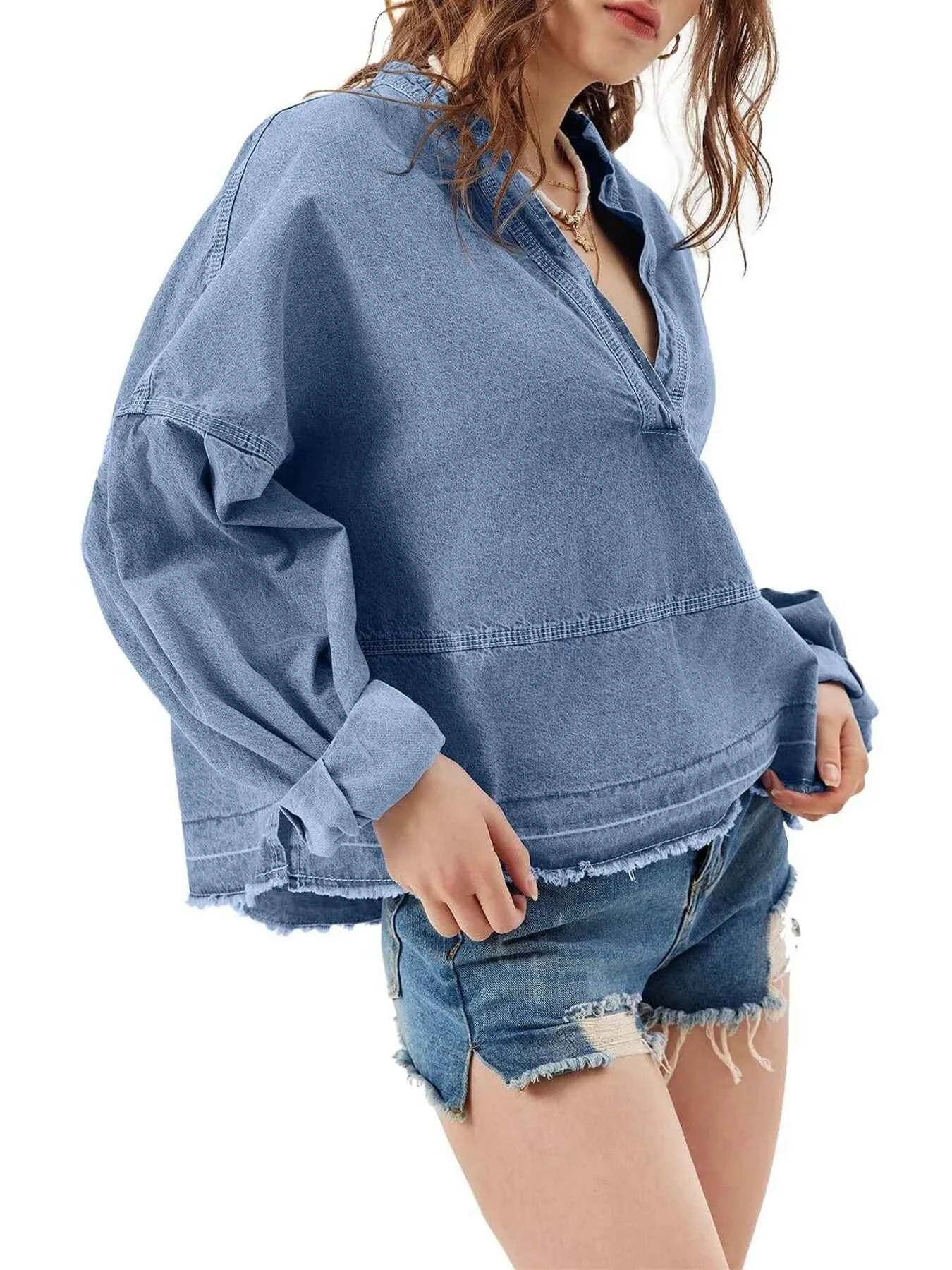 Raw Hem Long Sleeve Denim Top 0744ebf6ce9c4ec4bcf3b944438be95b-Max-Origin