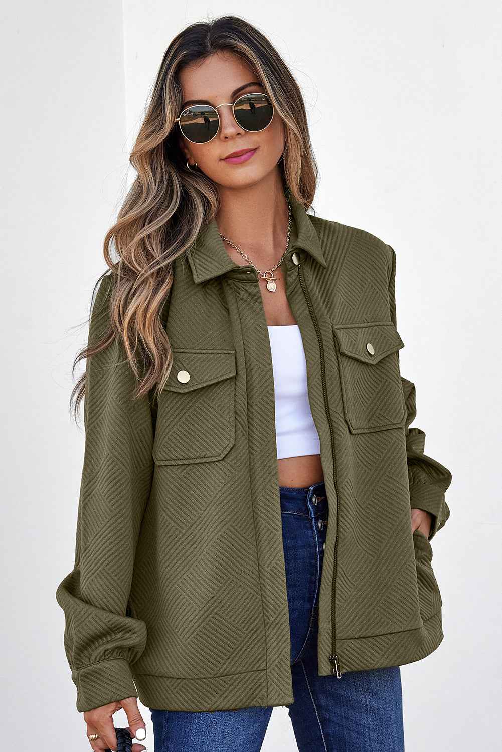 Blackish Green Solid Color Zip Up Button Flap Pocket Shirt Collar Jackets Blackish Green 97%Polyester+3%Elastane 0746e57abae091e4