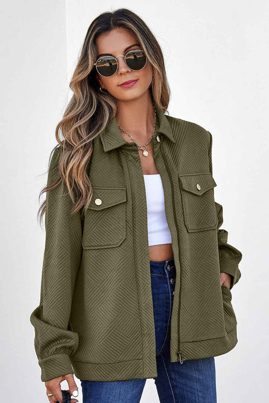 Blackish Green Solid Color Zip Up Button Flap Pocket Shirt Collar Jackets Blackish Green 97%Polyester+3%Elastane 0746e57abae091e4