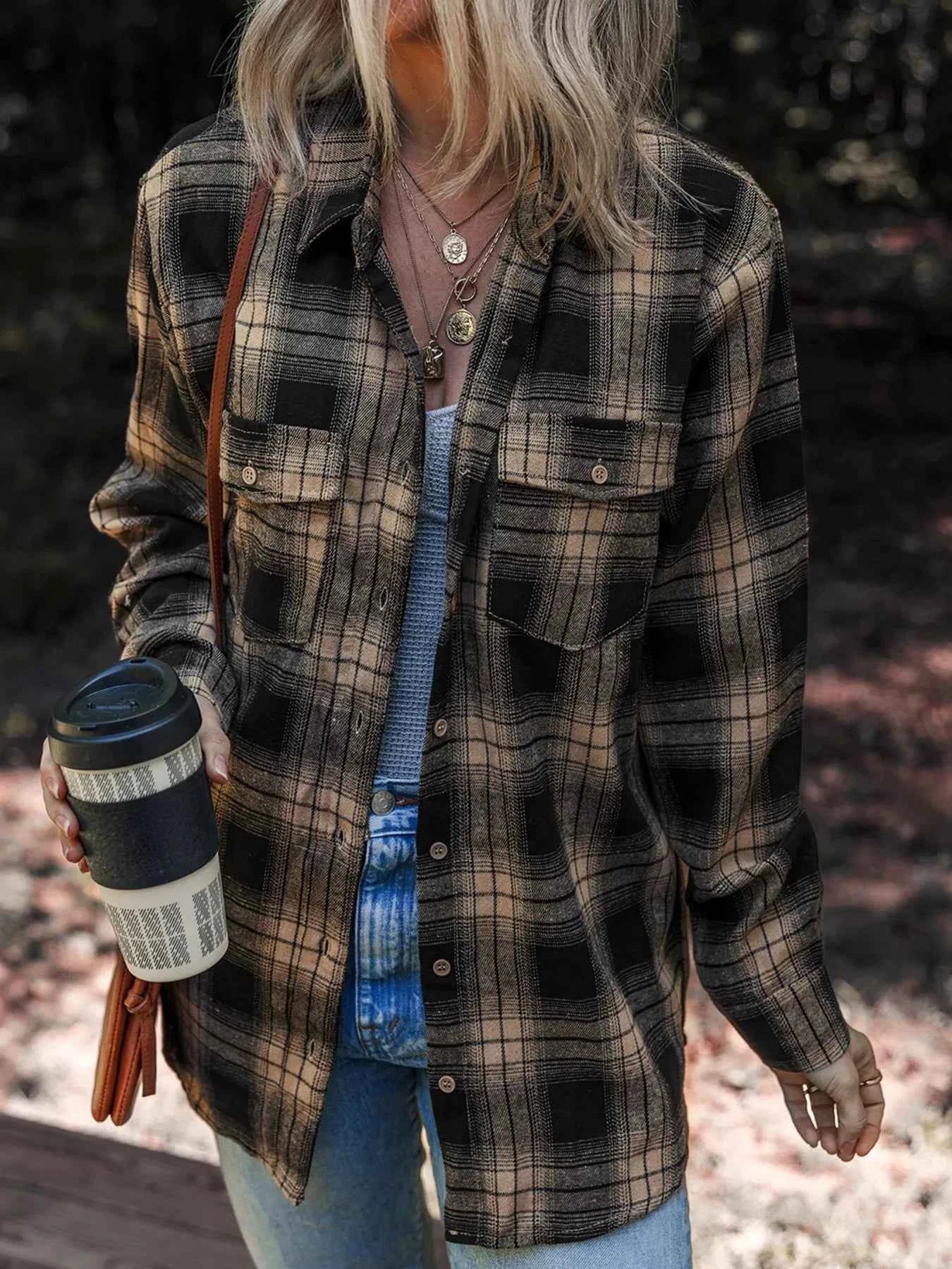 Plaid Double Flap Pocket Brushed Shacket Plaid 074b022855764b68866068078abe8a9f-Max-Origin