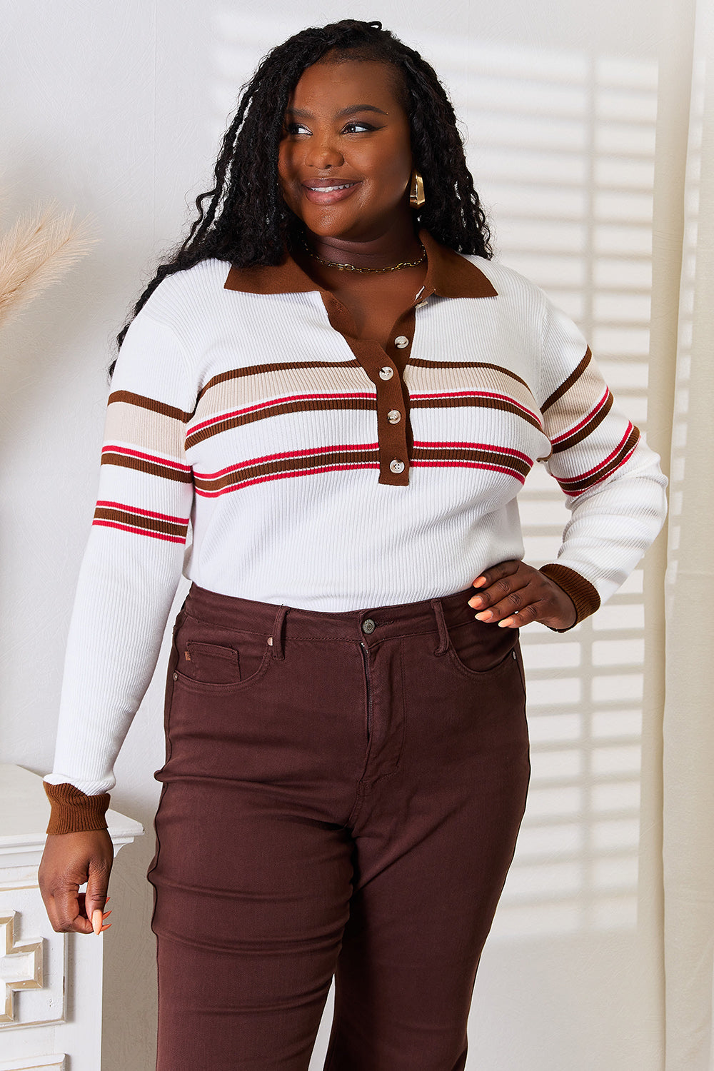 Basic Bae Striped Collared Neck Rib-Knit Top 074c2c44e8f749969c5b633eff23606c-Max