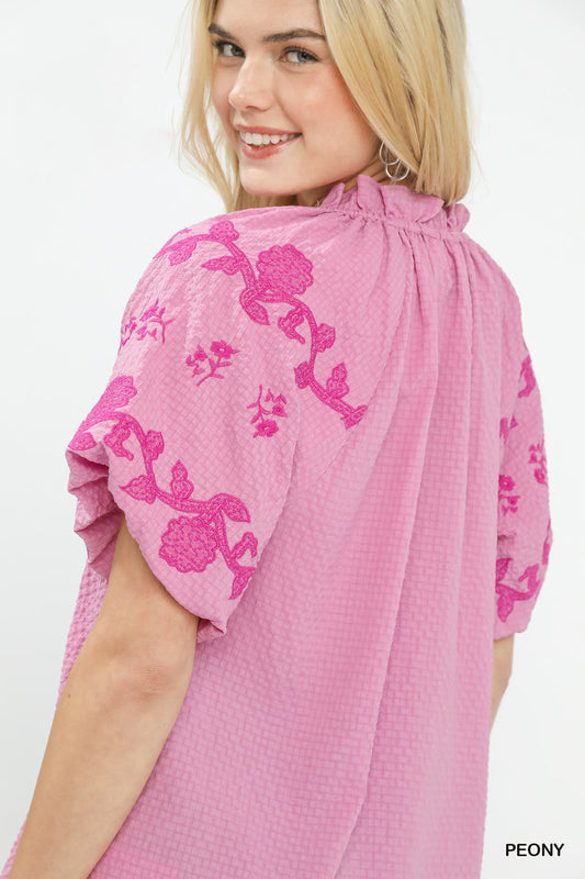 Embroidered Textured Flutter Sleeve Top 074cdcbe-8c1b-4f85-9ce7-5f51e9ece83b-Max