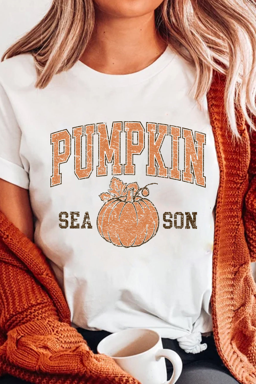 White PUMPKIN SEASON Cracking Heat Transfer Printing Cotton Blend T Shirt 074fe71bb6f1a2b0