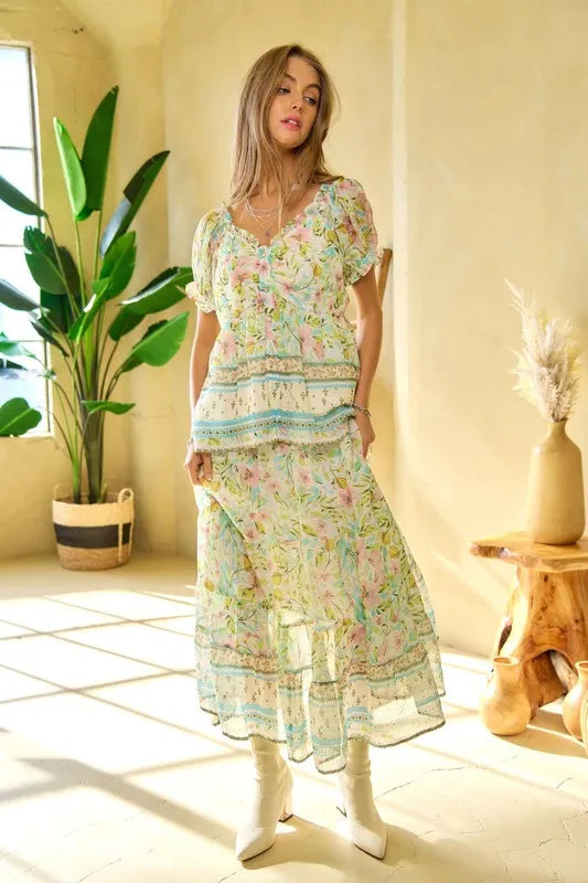 Spring Floral Border Print Ruffled Textured Top 07525d10-b989-4a4d-b6e2-a5aa9e7f2dd6-Max-Origin