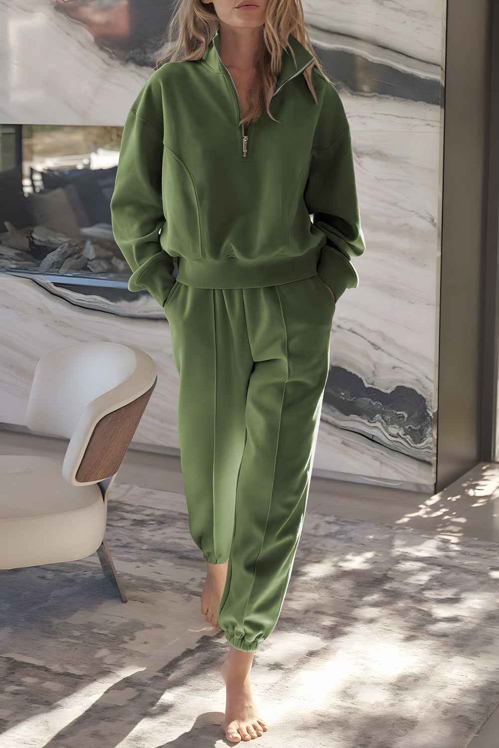 Vineyard Green Half Zip up Pullover Active Top and Joggers Set Vineyard Green 50%Polyester+50%Cotton 075663ad07f5c2d7