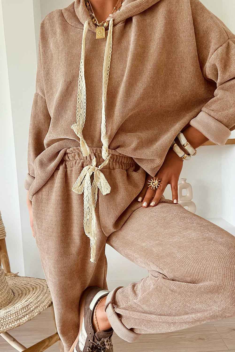 Jet Stream Drawstring Pullover Hoodie and High Waist Pants Corduroy Suit Smoke Gray 42.5%Polyester+40%Viscose+16%Polyamide+1.5%Elastane 075b0487df5a39c1