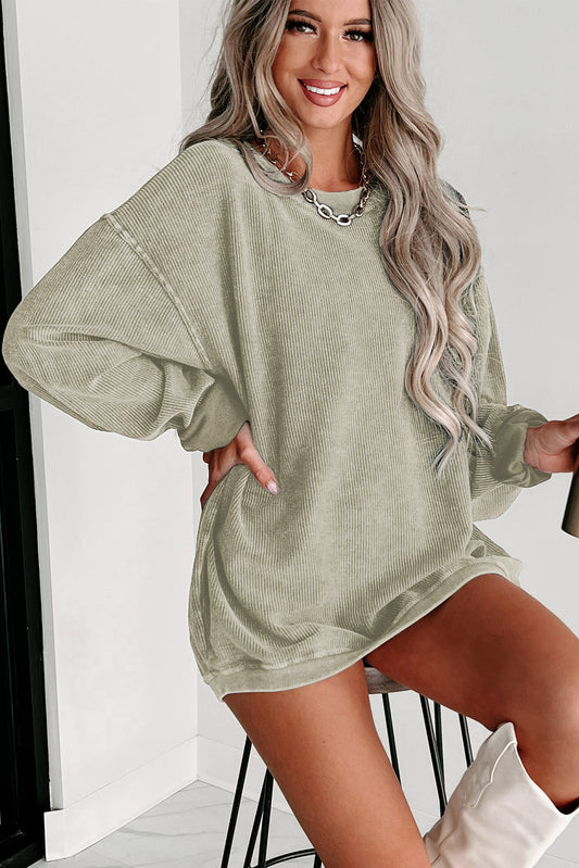 Green Ribbed Round Neck Drop Sleeve Pullover Sweatshirt 075c93a4e037151b