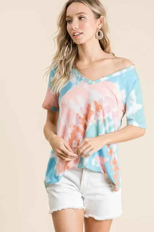 Circular Tie Dye Print V Neck Top 07608bb543fc47efab4a397ff502ae16-Max-Origin