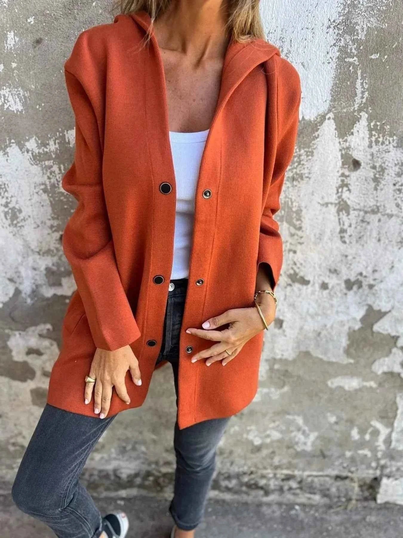 Full Size Snap Down Long Sleeve Hooded Outerwear Plus Size Ochre 07639afcc8e5430fab26d0f62589cc94-Max-Origin