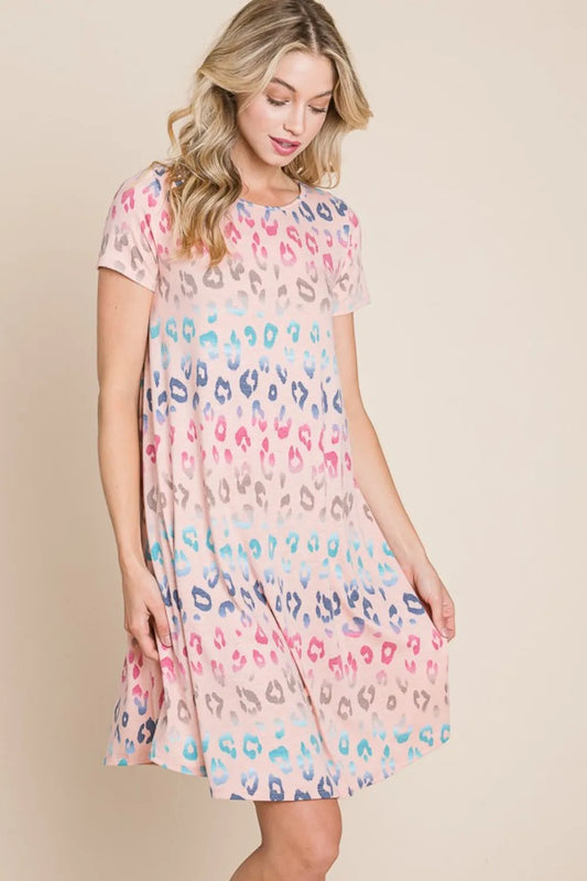 Leopard Print Round Neck Short Sleeve Dress - Opaque Stretch 07675250-c108-43c3-9be7-e3adb7c24304-Max