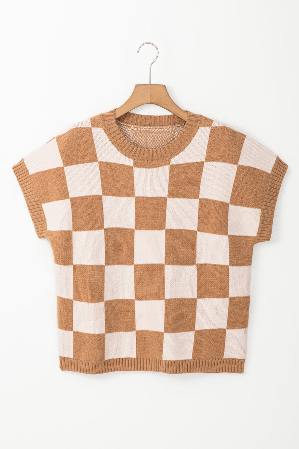 Light French Beige Checkered Knit Dolman Short Sleeve Sweater 076788649114de4a