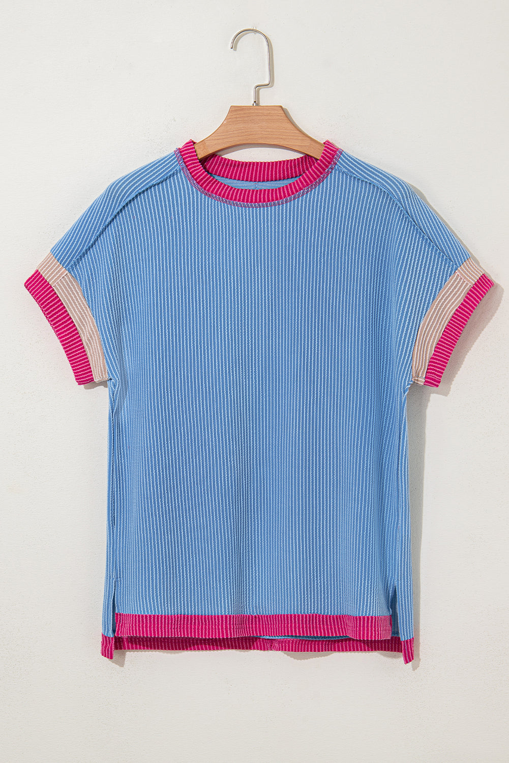 Rose Red Textured Colorblock Round Neck T Shirt 076a9ce5f238aab5