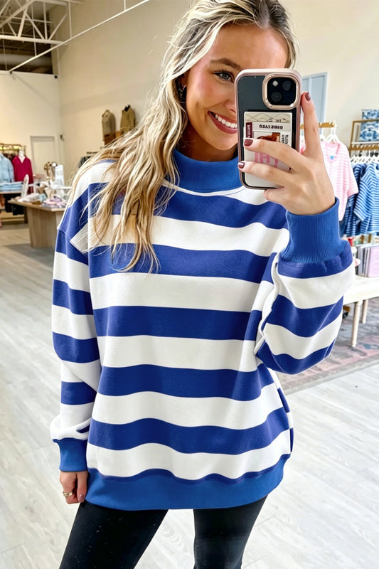 Blue Stripe Colorblock Mock Neck Relaxed Sweatshirt 076f111e21c6d6fe